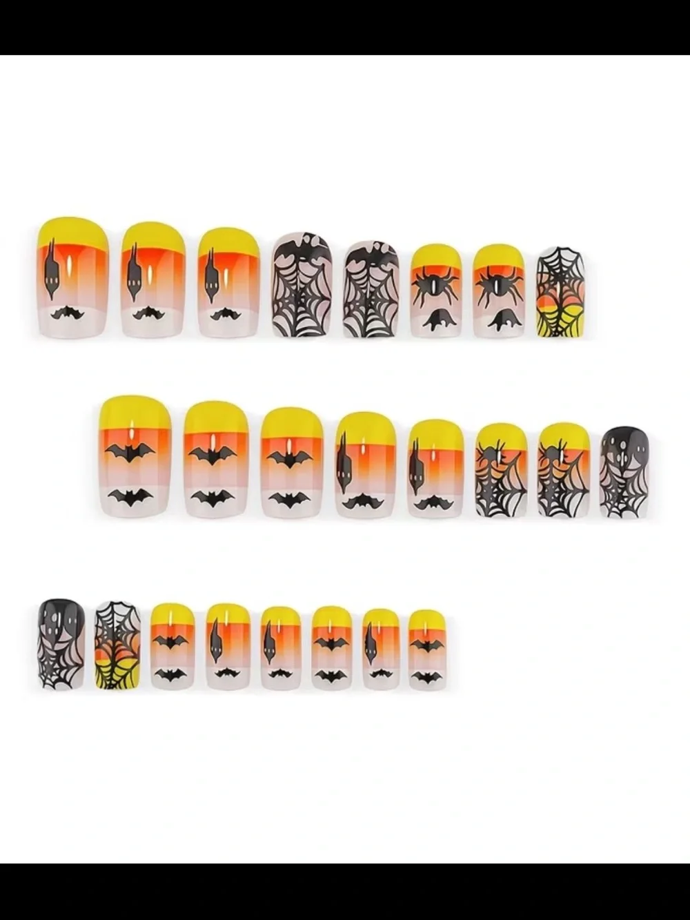 Halloween Gradient Press On Nails with Spiderweb, Bat & Candy Corn Design